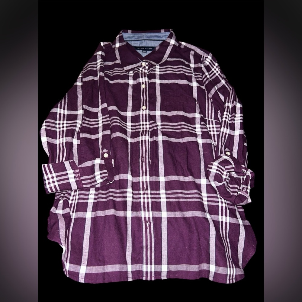 Tommy Hilfiger Women’s XL Plaid Flannel Shirt - Burgundy/Plum & White - Roll-Tab